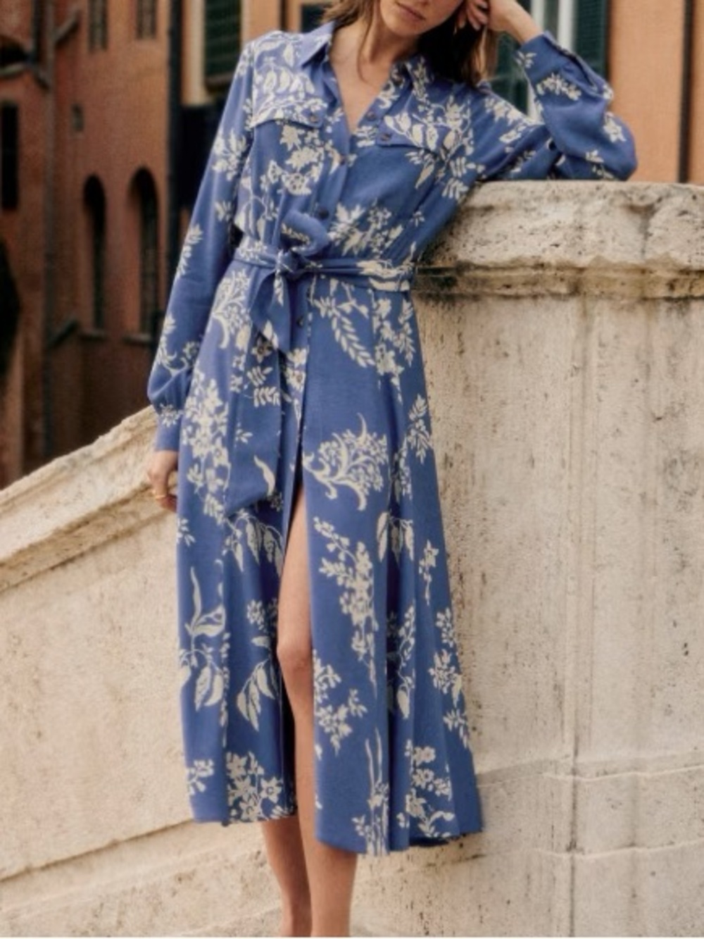 NWOT Sezane Lauretta shirt midi dress in blue ecru belted size 4 - 36